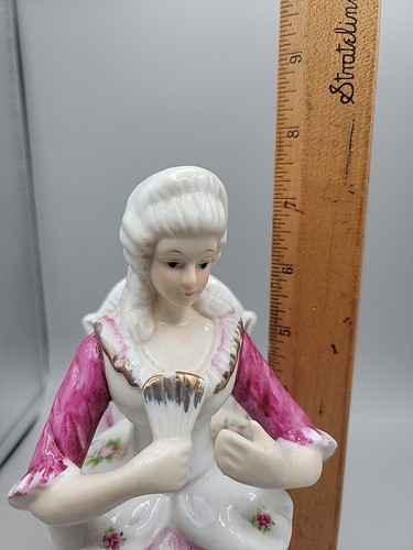 Victorian Style Figurine Lady Pink Flower Dress Sitting With Fan Germany Vintage - Picture 13 of 13