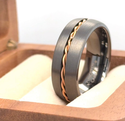Domed Rose Gold Twisted Rope Inlay Ring Gunmetal Tungsten Custom Engraved Band 