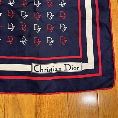 VINTAGE CHRISTIAN DIOR RED WHITE BLUE TROTTER LOGO SILK SCARF 65CM