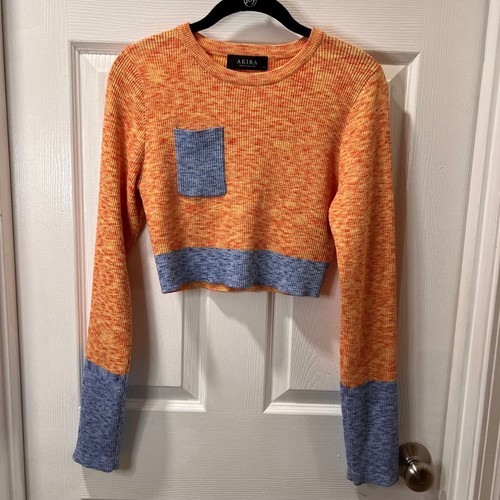 AKIRA Orange & Blue Color Block Ribbed Crop Sweater Long Sleeve Casual Top XL