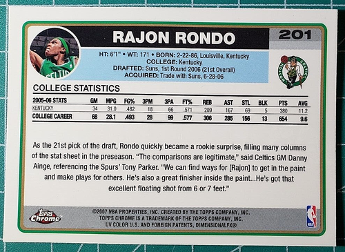 2006-07 Topps Chrome #201 Rajon Rondo Rookie Card Team: Boston Celtics - Picture 2 of 3