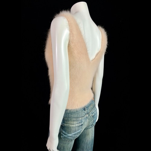 100 % Angora Fuzzy Neu mit Etikett handgestrickter beige V-Ausschnitt ärmelloser Tankpullover 36 in Büste - Bild 5 von 9