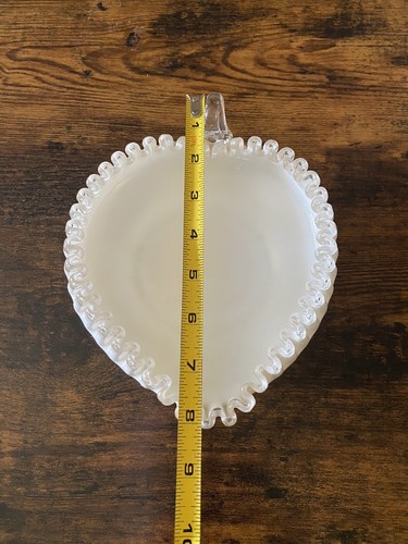 Candy Dish VTG Heart Shaped Milk Glass Clear Handle With Ruffled Edge - Picture 8 of 9