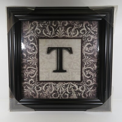 BLACK WOOD FRAMED ''T'' MONOGRAM MATTED 3D WALL ART 15''X15'' HOME DECOR