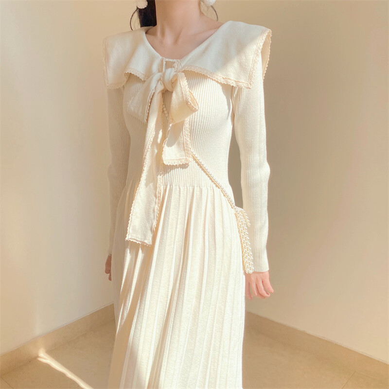 Lady Japanese Knitted Midi Dress Sailor Collar Bowknot