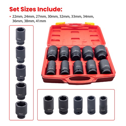 10pcs 3/4" Deep Impact Socket Sets 22mm, 24, 27, 30, 32, 33, 34, 36, 38, 41mm - Picture 3 of 12