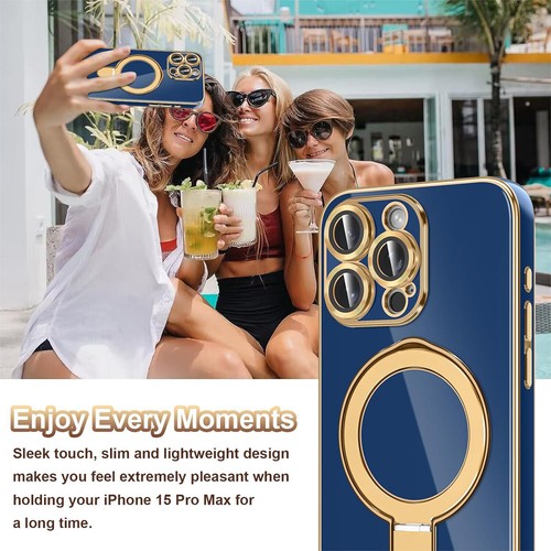 For iPhone 16 15 14 13 12 Pro Max Shockproof Plating PC Ring Stand Mag Safe Case - Picture 37 of 61