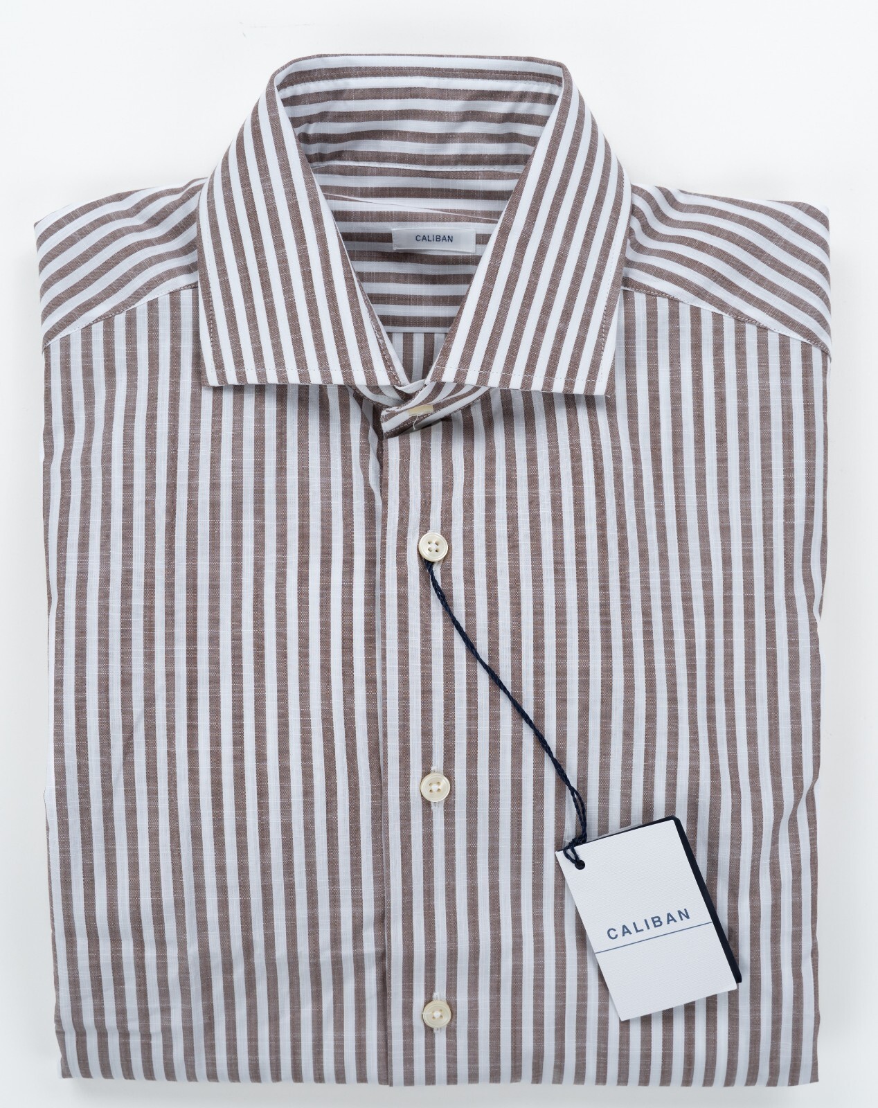 Коричнево белая рубашка CALIBAN в полоску из хлопка с отложным воротником облегающая фигуру 16 41 29690₽