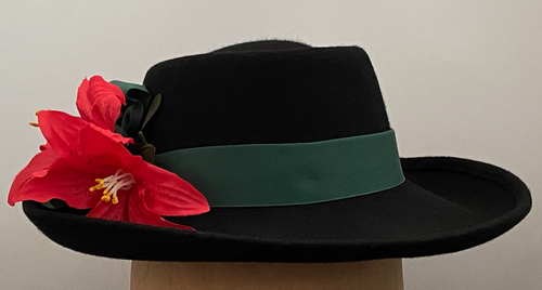 NEW Vintage Black Wool Felt Hat Red Flower Green Bow Ribbon Handmade USA - Picture 2 of 4