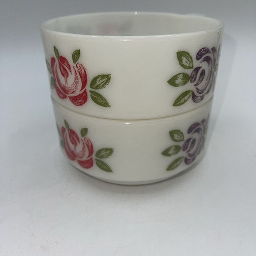 Milk Glass Stackable Soup Bowls With Purple & Red Flower’s Set Of 2 Vintage - Picture 6 of 11