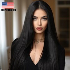 Long Straight Black Wig Synthetic Natural Black Full Wigs Halloween Cosplay 26in