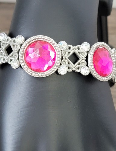 Vintage Silver Toned Pink Rhinestones Faux Diamonds Stretch Bracelet - Picture 4 of 8