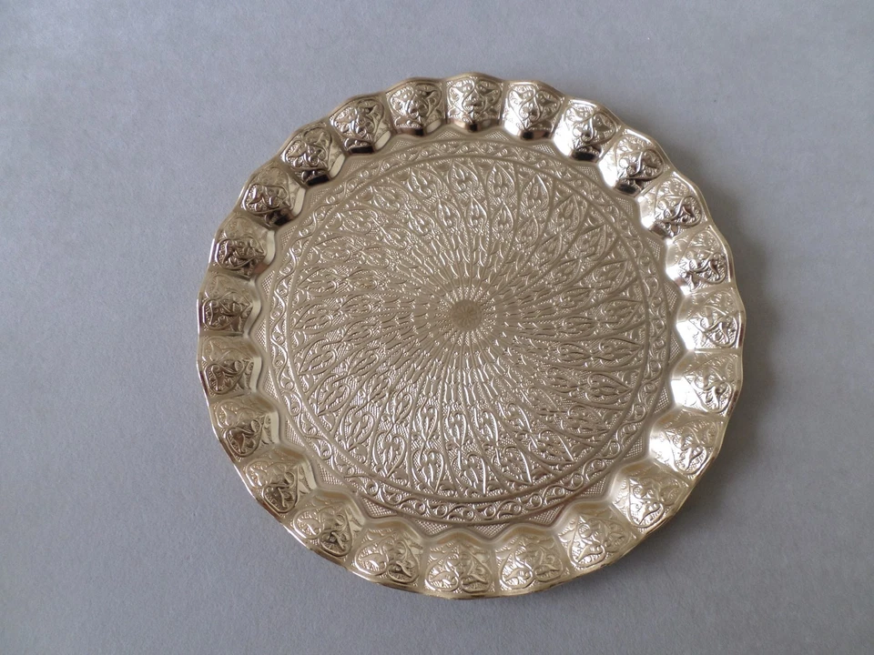 Turkish Zamak Copper Serving Tray Vintage Round Ottoman Gold Color - Image 4 of 4