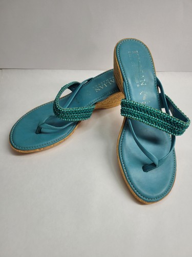 Italian Shoemakers Turquoise Slip On Wedge Cork Sandals Size 8 1/2 Made In Italy