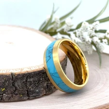 8mm Yellow Gold Tungsten Engraved Ring Blue Turquoise Inlay Band For Christmas