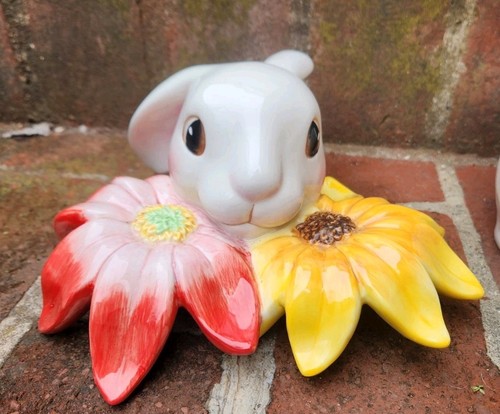 Vintage Fitz & Floyd Bunny Rabbit Flower Blooms Lidded Ceramic Cookie Jar Easter - Picture 12 of 16