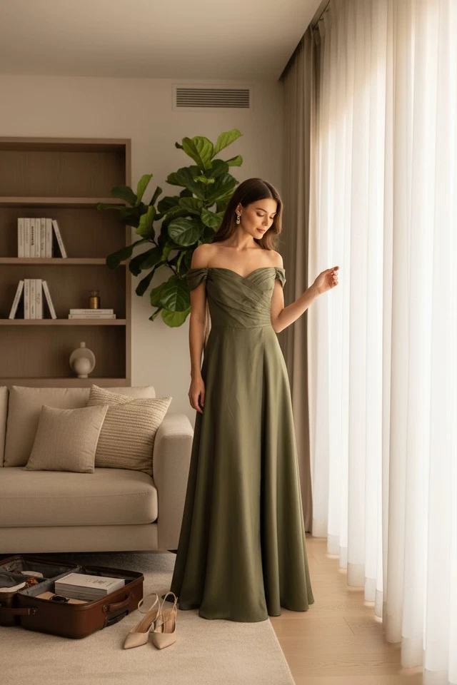 Nuevo con etiquetas - Vestido corsé verde apagado con hombros descubiertos (talla 4) llama la atención Foto 2 de 3