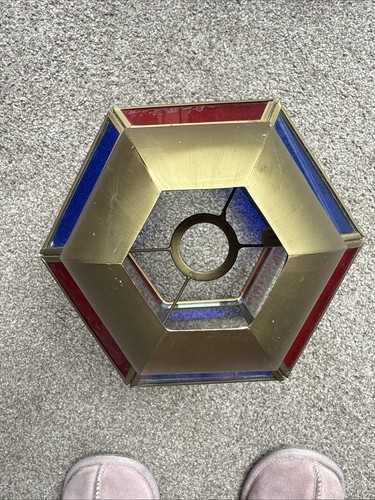 Beautiful Brass Stained Glass Red Blue Carriage Lantern Light Lamp Shade 11” - Picture 10 of 10