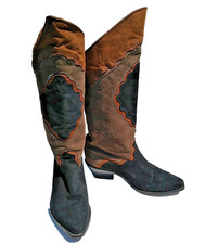 Vintage 80'S Zodiac USA Suede Leather Western Cowgirl Boots Black Brn Woman 8.5