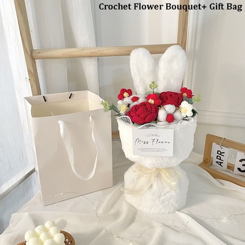 Handmade Crochet Flower Bouquet Rabbit Ears Flower Bouquet Valentine Day Gift - Picture 10 of 11
