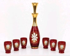 Vintage Bohemian Czech Ruby Red Glass Decanter w 6 Cordial Shot Glass Set Murano