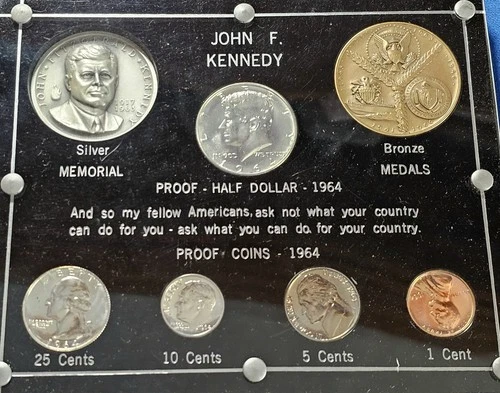 1964 Medallic Art Co. 1 Oz JFK Kennedy Silver, Bronze Medal Set With 1964 Proof