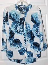 DK DONNA KARAN NY WOMEN'S WHITE/BLUE FLORAL TUNIC STYLE TOP SIZE XL