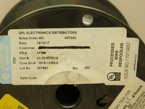 250ft UL1015 / UL15-6530U0 12AWG 65Strand 600V 105°C .032" PVC Hookup Wire Black - Picture 2 of 3