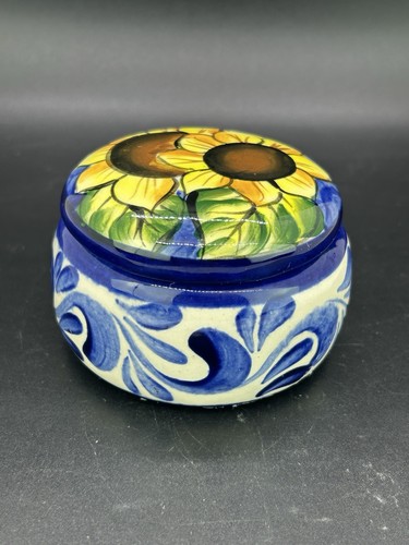 Caja de baratijas de girasol de cerámica mexicana vintage soporte de recuerdo joyería S2 - Imagen 3 de 7
