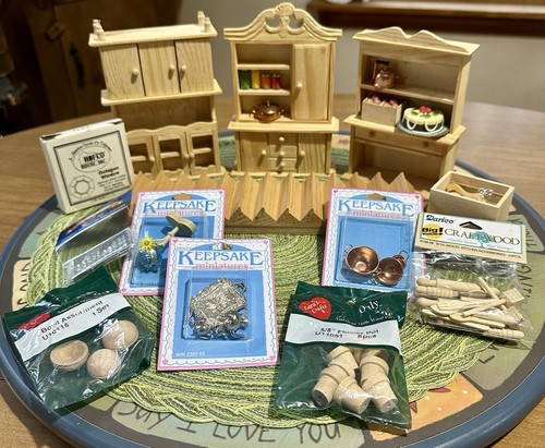 Vtg Dollhouse Miniature Wood Furniture Hutch Hoosier Stairs NIP NOS Accessories