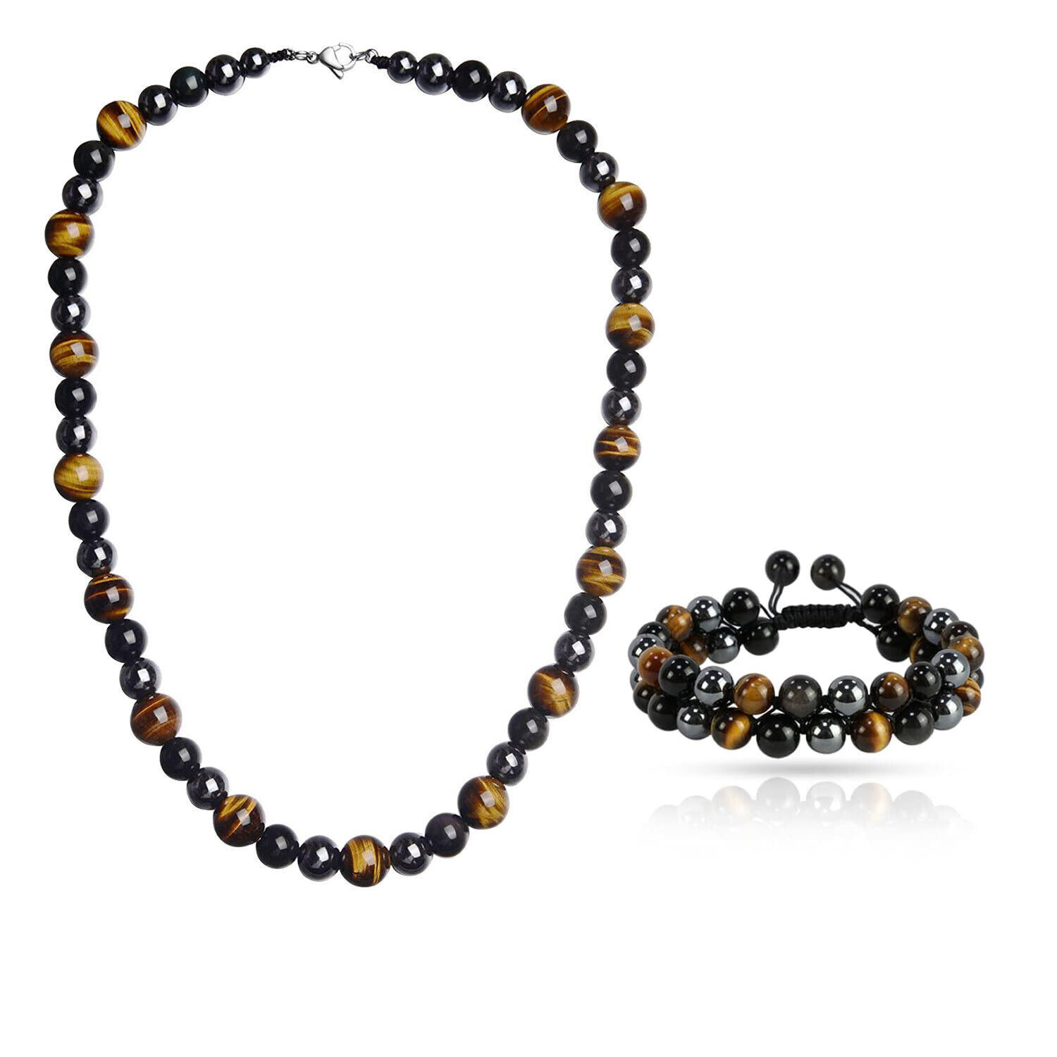 Men Tiger Eye Hematite Beaded Necklace Bracelets Triple Protection
