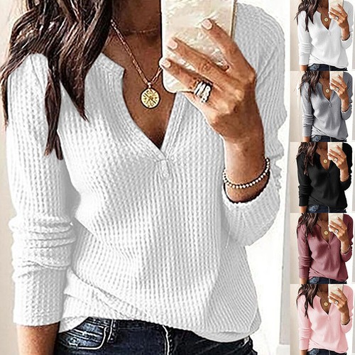 Womens V-Neck Long Sleeve Tops Pullover Ladies Casual Loose Shirt Blouse Jumper - Picture 6 of 17