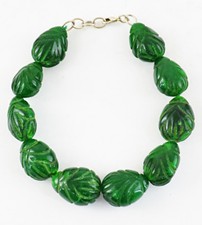 285.00 Cts Earth Mined Pear Shape Green Emerald Carved Beads Handmade Bracelet