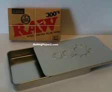 RAW 300's Classic 1 1/4 Rolling Papers + Slide Top Tobacco Storage tin Case