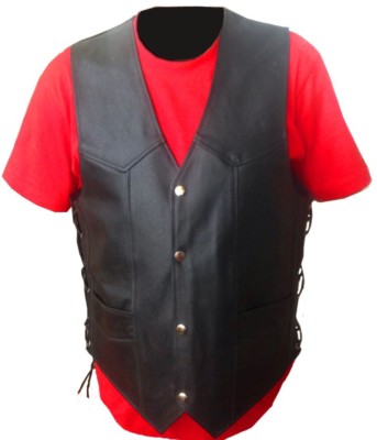 Mens Black Genuine Leather Vest Side Laced Up Laces Motorcycle Biker Waistcoat 