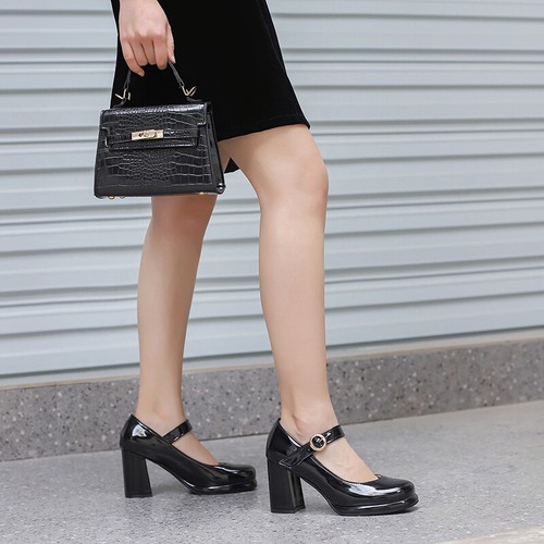 Women's High Block Heel Mary Jane Pumps Patent Leather Square Toe Platform Shoes - Picture 17 of 43