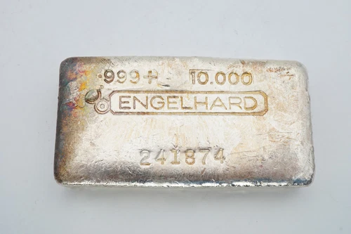 Engelhard 10 Oz .999 Silver Bar Poured Loaf Bull Logo Cooling Lines Waffle A3