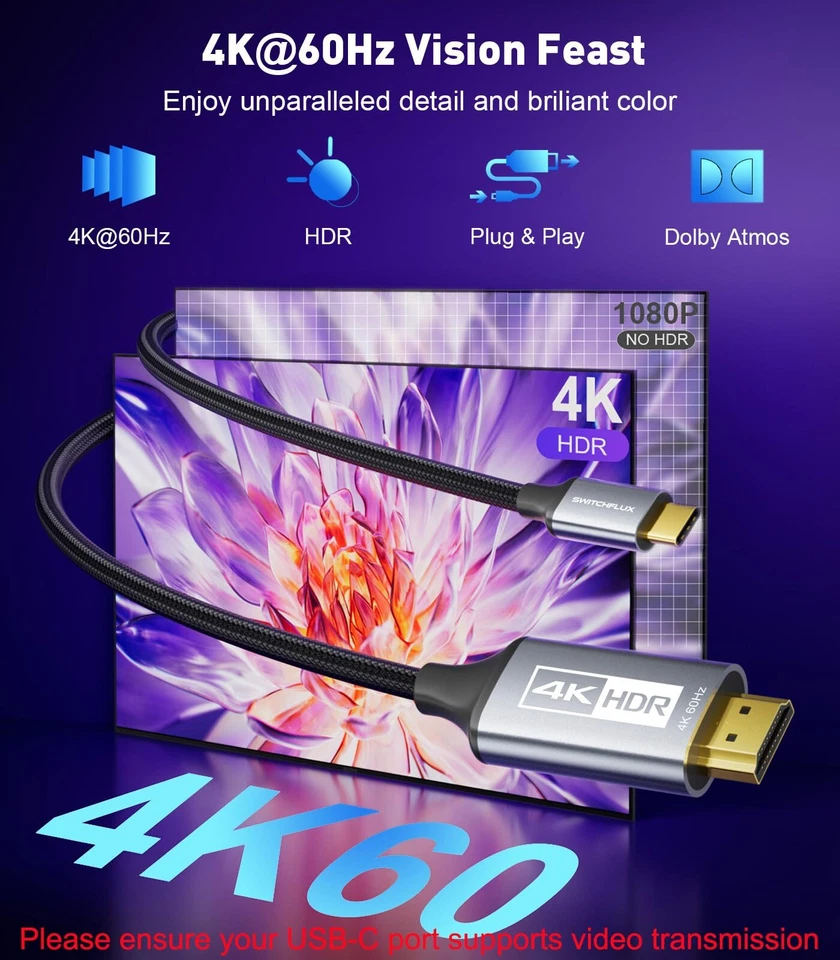 USB C Type C To HDMI 4K 60Hz Cable TV Adapter Mobile Phone Tablet HDTV 1m 2m 3m - image 2 of 4