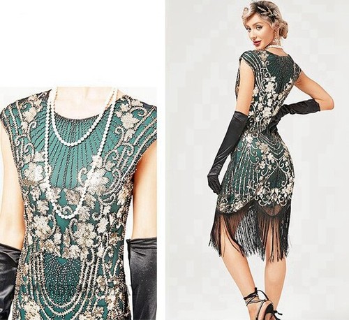Women 1920s Vintage Great Gatsby Gold Ladies Flapper Costume Sequins Party Dress - Picture 27 of 73