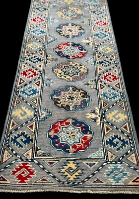 Brand New Colorful Small Runner Handmade Ocean Silver Gray Turkmen Pak Kazak 2x6