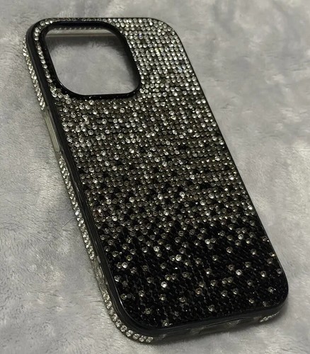 Extra Glitzer! iPhone 14 Pro Strass Hülle Ombré Schwarz Grau Weiß Bling - Bild 3 von 4