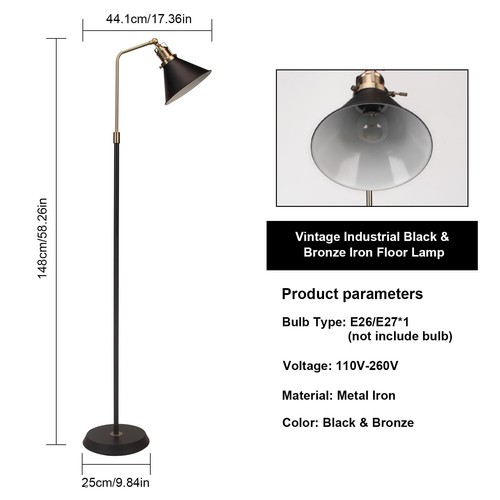 Black Metal Floor Lamp Industrial, Vintage Floor Lamp Black and Gold Design, ... - Bild 2 von 8