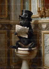 Victorian Pug Gentleman Reading on Toilet Art Print, Animal Bathroom Decor L21