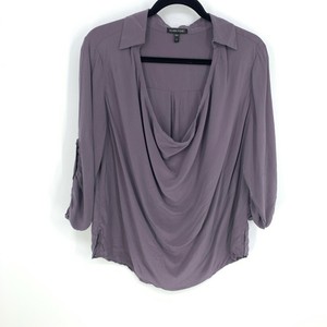 Eileen-Fisher-Size-Small-Solid-Purple-Cowl-Neck-Collared-Long-Sleeve-Silk-Blouse