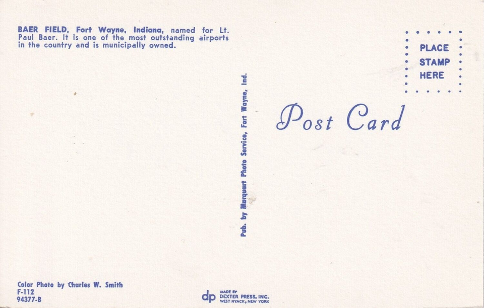 Baer Field Fort Wayne Indiana Airport Chrome Postcard Unused Divided