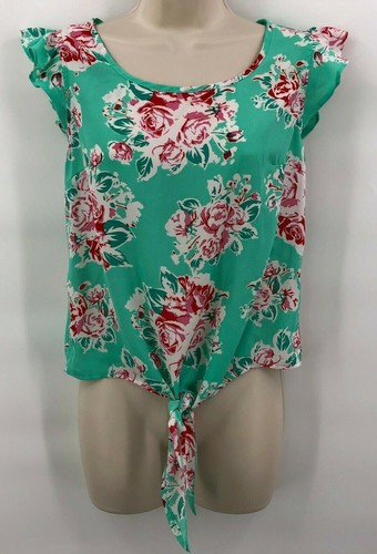 Self Esteem Womens Blouse Size XS Green Floral Polyester Sleeveless Waist Tie - Picture 3 of 11