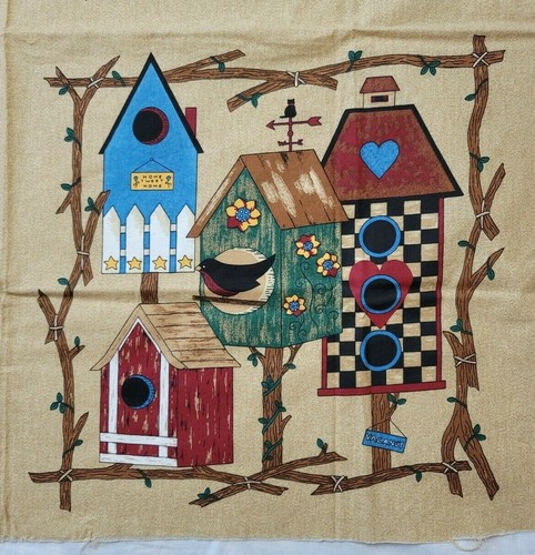 Folk Art Style Bird Houses Fabric Panel Home Tweet Home Country Plaid Border - Picture 2 of 8
