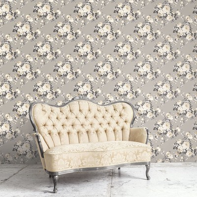 Manor House Traditional Victorian Rose Gray Grand Floral Designer Wallpaper
