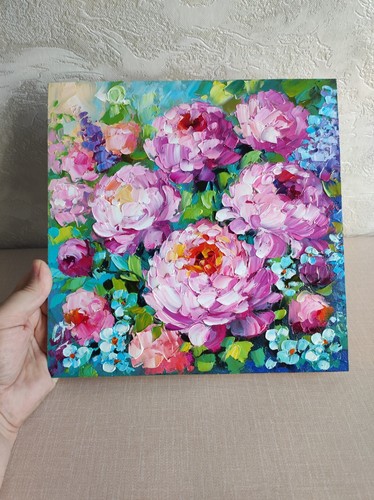 Original Ölgemälde Pfingstrose Rose rosa Blumen Kunstwerk Floral Wandbild 10*10 Zoll - Bild 8 von 11