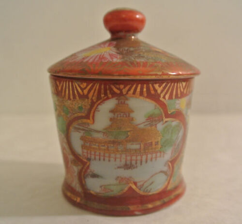 ANTIGUO frasco de mostaza con mermelada de porcelana japonesa firmado por Kutani con tapa roja y dorada - Imagen 2 de 5